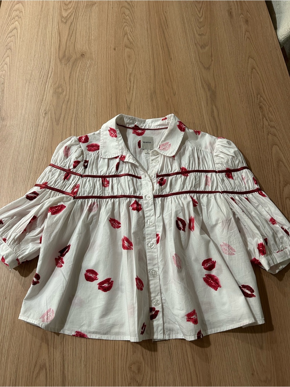 Maeve White Blouse with Red Lip Print